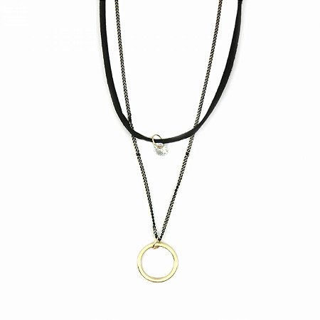 Colar Choker com Camurça e Círculo com Pedrinha
