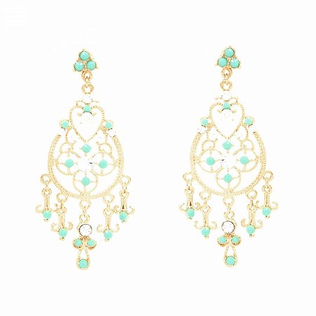 Maxi Brinco Dourado Azul Turquesa com Strass