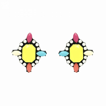 Brinco Preto em Strass e Pedra Amarelo Neon