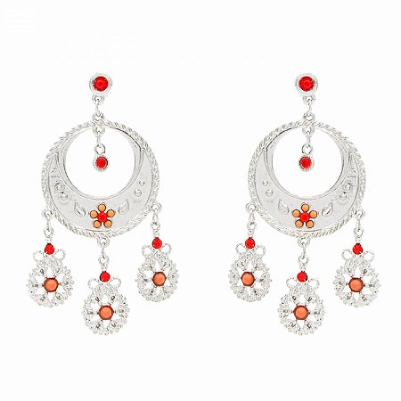 Brinco Prateado Strass Vermelho com Bolinhas Laranja