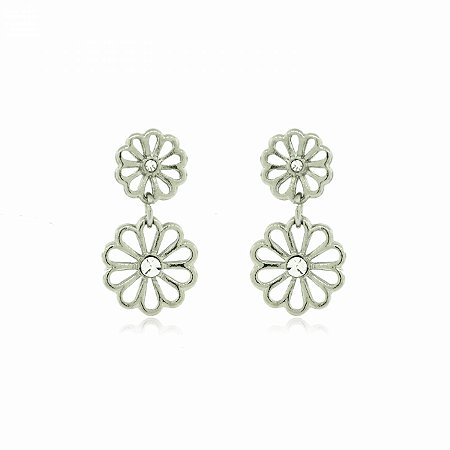 Brinco Prateado Flor e Strass