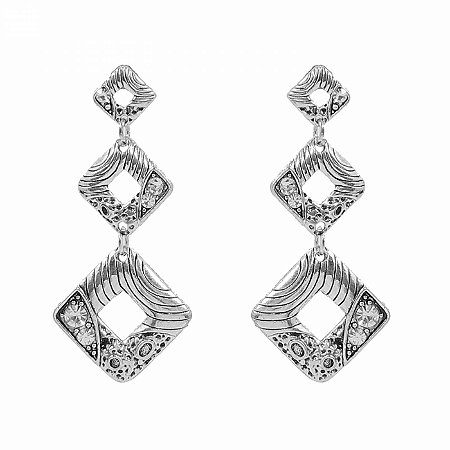 Brinco Prateado de Quadrados com Strass