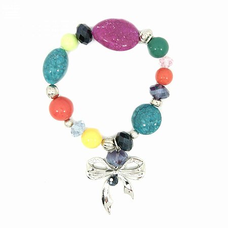 Pulseira Prateada Elástica Colorida com Pedras de Cristal