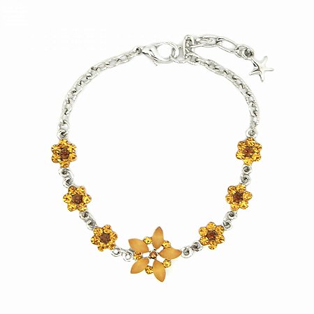 Pulseira Prateada com florzinha Strass Laranja