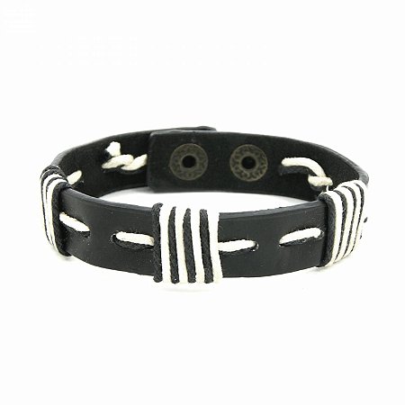 Pulseira Couro Preto Cordão Preto e Branco