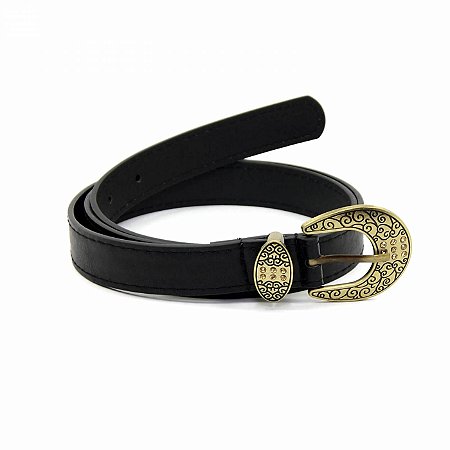 Cinto Fino Preto de Fivela Ouro Velho com Strass