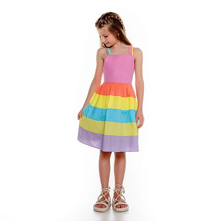 Vestido Infantil em Tricoline Com Recortes Coloridos e Alcinhas Luluzinha -  Koltrim Kids - Loja de Roupas importadas para bebê e kids