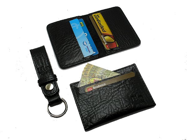 Kit Porta Cartão + Chaveiro + Porta Cartão Slim - Couro cor preto