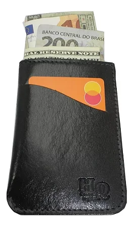Mini Carteira Minimalista - Couro Legítimo - Cor Preto liso