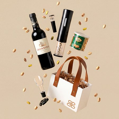 Kit Vinho Grand Bateau Bordeaux com Abridor Elétrico e Pistaches