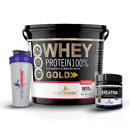 Combo Gold Force = Whey Protein 100% Gold 1.815g + Creatina 300gr + Brinde Coqueteleira