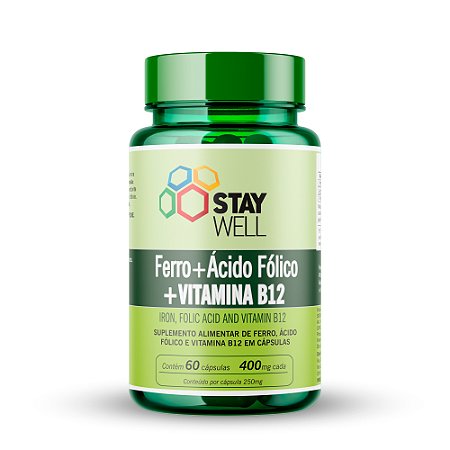 Ferro, ácido fólico e vitamina B12 400mg - 60 Cápsulas - Stay Well
