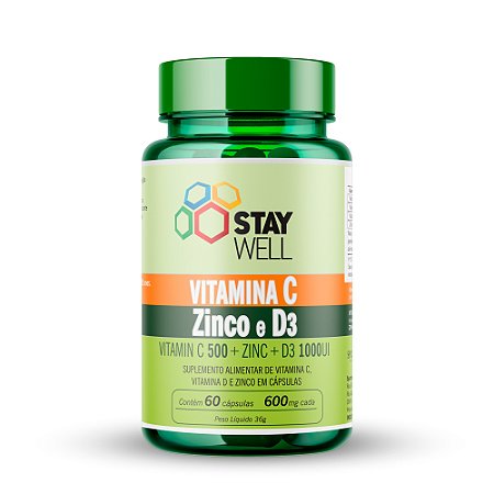 Vitamina C, Zinco e D3 - 60 Cápsulas - Stay Well