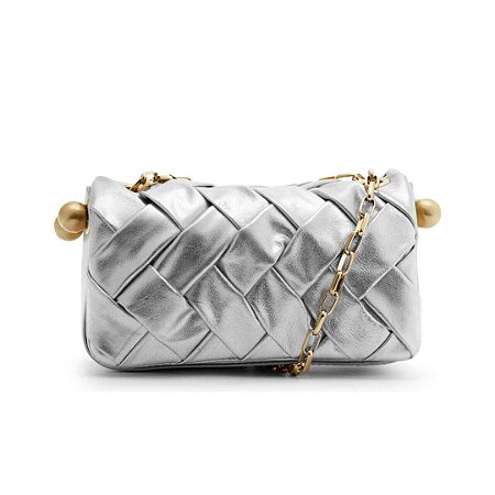 Schutz Bolsa Couro Pequena Prata com Ferragens Dourada