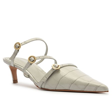 Schutz Mule Curve Heels em Couro Croco Cinza Claro