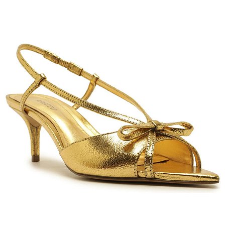 Arezzo Sandália Dourada Couro Salto Baixo Fino Laço