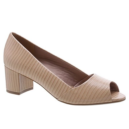 Arezzo Peep-Toe Couro Salto Bloco Lizard Nude Crema