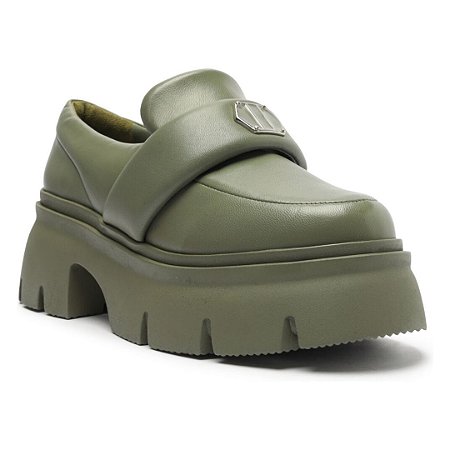 Arezzo Mocassim Verde Couro Bico Redondo Puffer