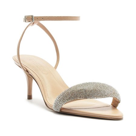 Arezzo Sandalia Bege Couro Salto Medio Tira Bold Strass