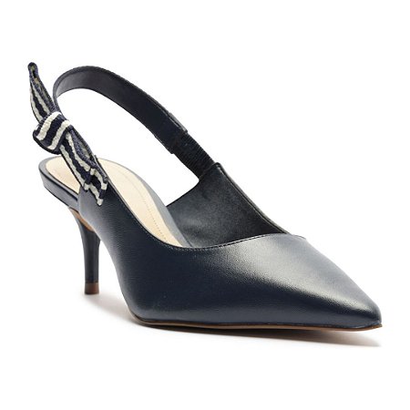 Arezzo Scarpin Azul Couro Salto Baixo Slingback Laço