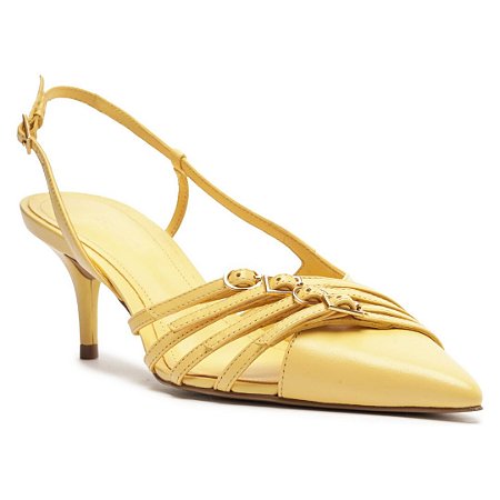 Arezzo Scarpin Amarelo Couro Salto Kitten Tiras Fivelas