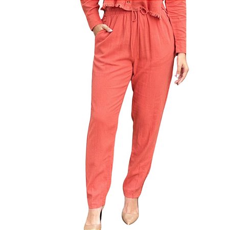 Shoulder Calca Slim Linho Viscose Coral