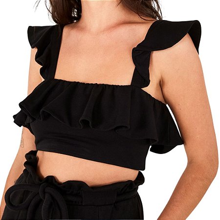 Farm Blusa Babados Cropped Preto