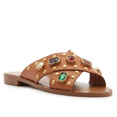 Arezzo Rasteira Marrom Nut Couro Tiras Cruzadas Pedrarias