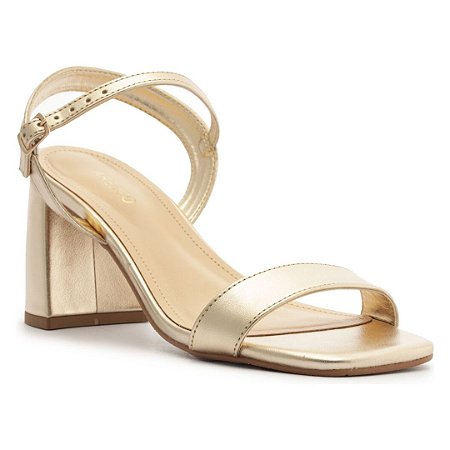 Arezzo Sandália Dourada Salto Bloco Bico Quadrado Básica