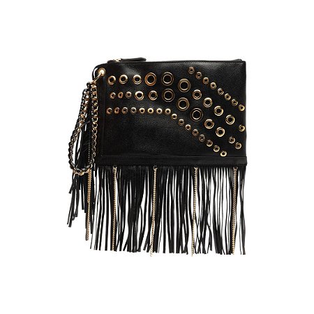 Arezzo Bolsa Boho Tiracolo Preta Couro Grande Franjas Silvia Braz