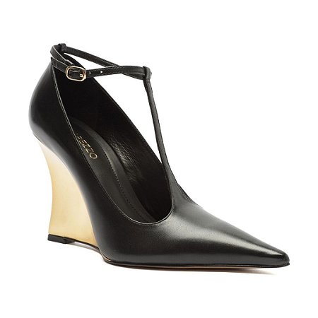 Arezzo Scarpin Preto Couro Salto Anabela Dourado Tira Silvia Braz