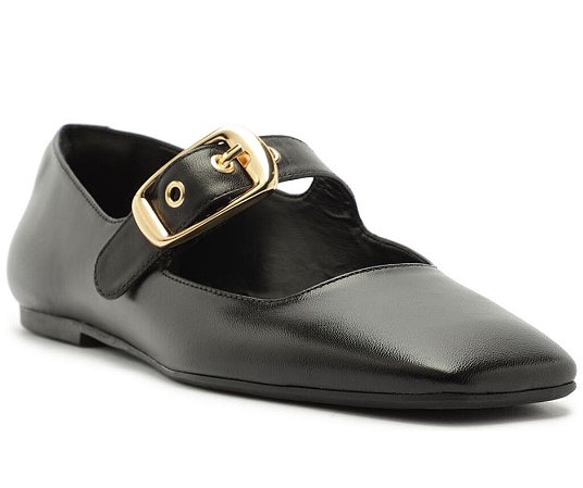 Arezzo Sapatilha Preta Couro Bico Quadrado Fivela