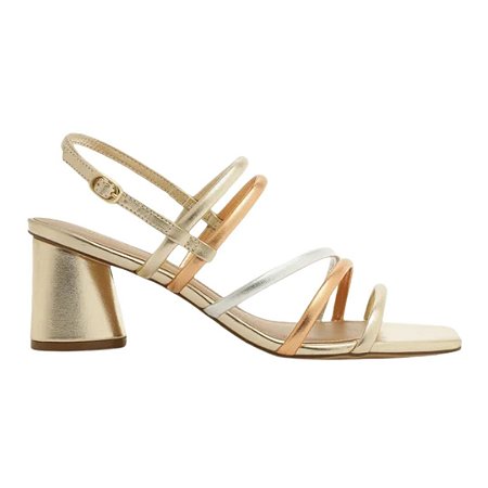 Arezzo Sandália Metalizada Couro Salto Bloco Redondo