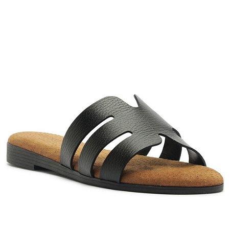 Arezzo Sandália Rasteira Preta Couro Recorte Cassis