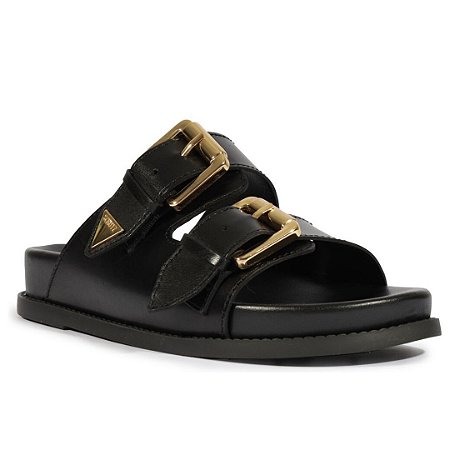 Schutz Papete Couro Preto Fivela Dourada