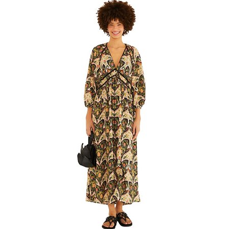 Farm Vestido Longo Manga Estampado Andorinha