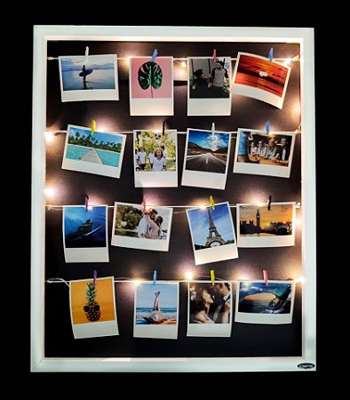 Quadro de fotos varal 55x45cm + 12 Fotos Polaroids + LED