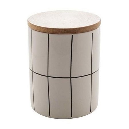 Pote Decorativo Grid de Cerâmica c/ tampa de bambu Branco 12,5cm