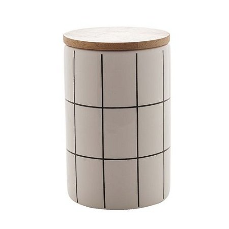 Pote Decorativo Grid de Cerâmica c/ tampa de bambu Branco 15cm