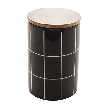 Pote Decorativo Grid de Cerâmica c/ tampa de bambu Preto 15cm