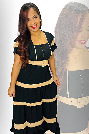 Vestido Longo PLUS, Vestido com cinto em duna