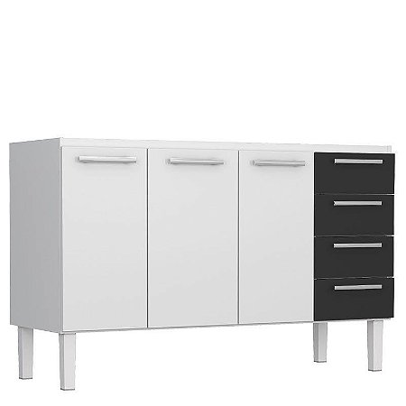 Gabinete de Cozinha em Aço Vênus para Pia 1,50 MT Flat 3 Gavetas Branco com Preto Cozimax