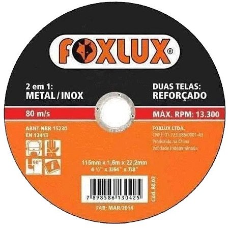 Disco de Corte 4.1/2'' x 1x22,2mm para Metal e Inox Foxlux