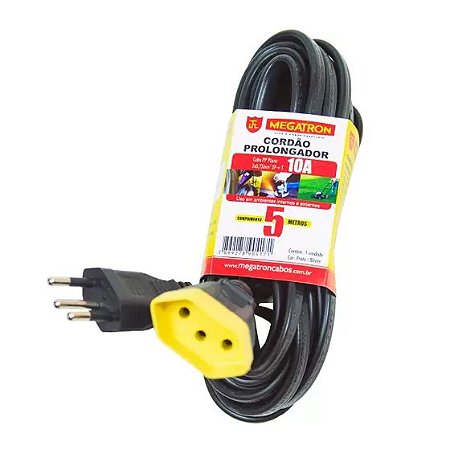 Cordão Prolongador Preto 2P+T 5,0mt 3x0,75mm Blister - Megatron