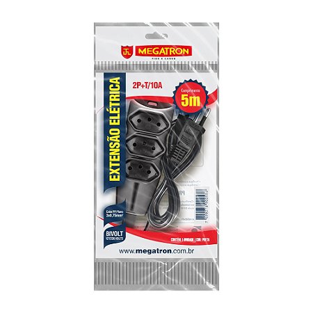 Extensão Elétrica 2P+T 5,0mt 3 Tomadas 3x0,75mm Preto - Megatron