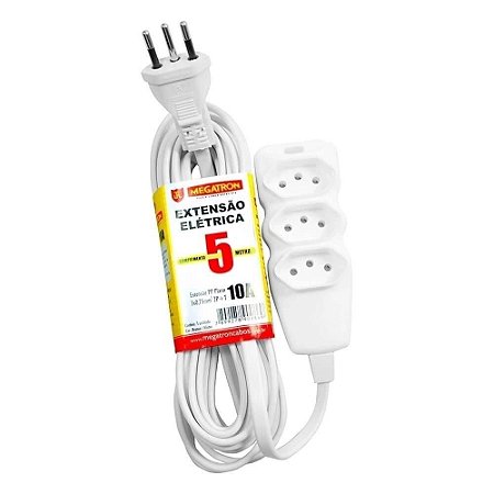 Extensão Elétrica 2P+T 5mt 3 Tomadas 3x0,75mm Branco - Megatron