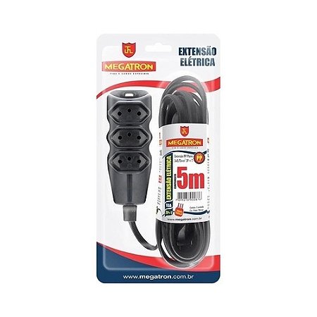 Extensão Elétrica 2P+T 5mt 3 Tomadas 3x0,75mm Preto Megatron