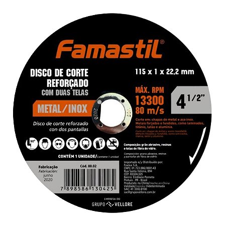 Disco de Corte Metal 4.1/2" 115x1,0x22,2MM 80.01 Famastil