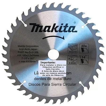 Disco 185x20 40 Dentes para Serra Circular D-03464 Makita