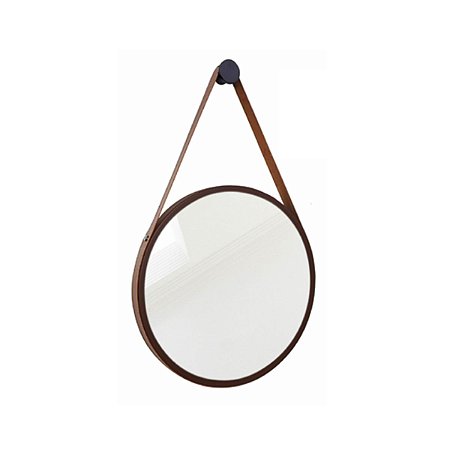 Espelho Redondo 50cm com Alça de Couro Marrom Nacional